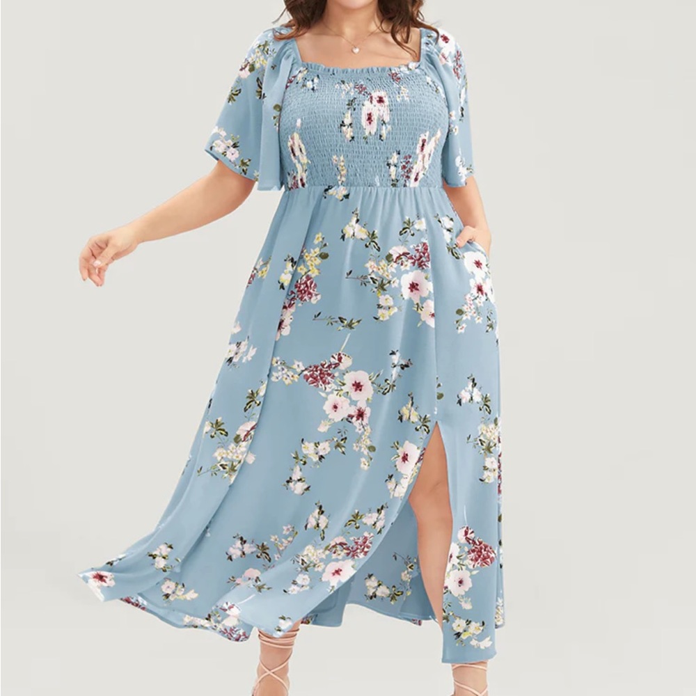 Floral Square Neck Ruffles Pocket Shirred Split Dress
